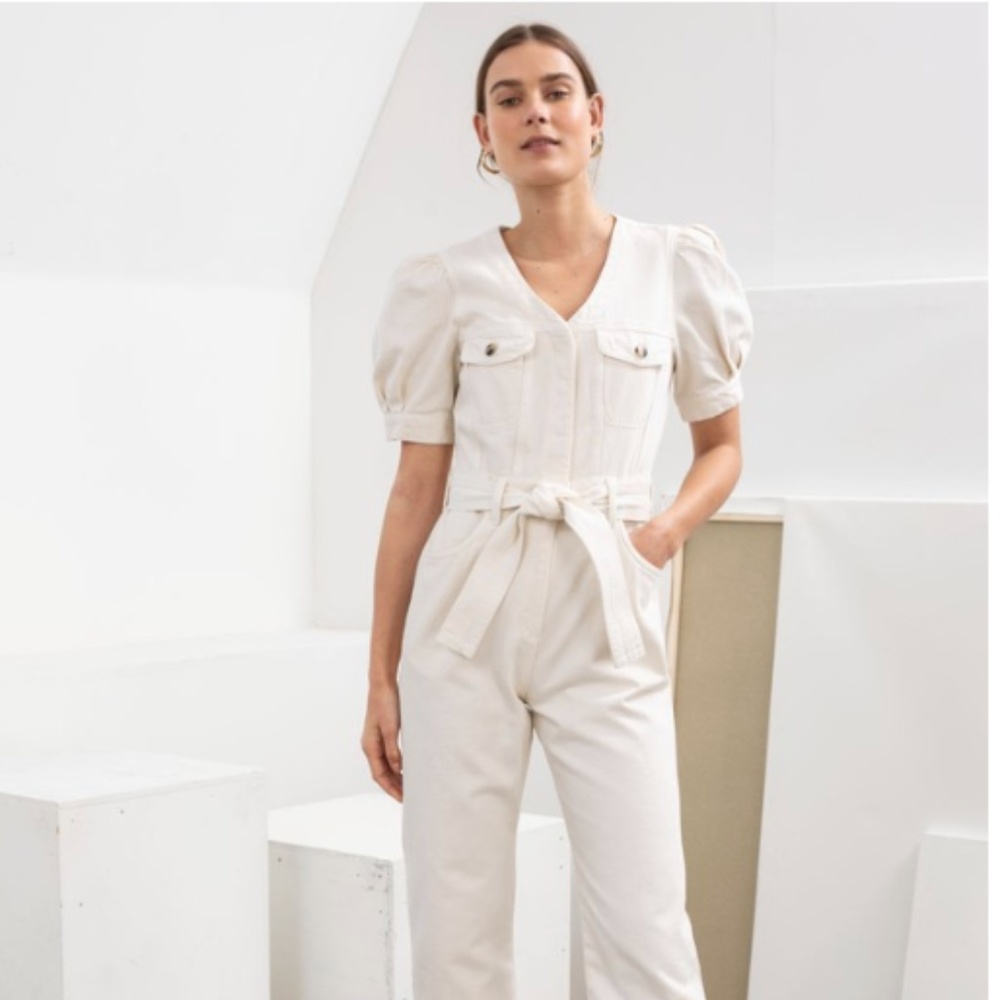 NWT Calvin Klein Puff Sleeve Jumpsuit Ivory 8